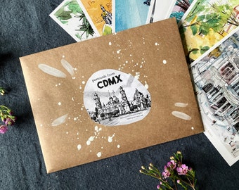 POSTCARDS from MEXICO CITY | set of eight (8)  illustrated postcards of cdmx locations | no gen ai