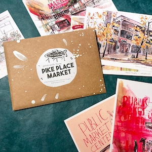 POSTCARDS from PIKE PLACE set of eight 8 assorted 4x6 illustrated seattle market cards image 1