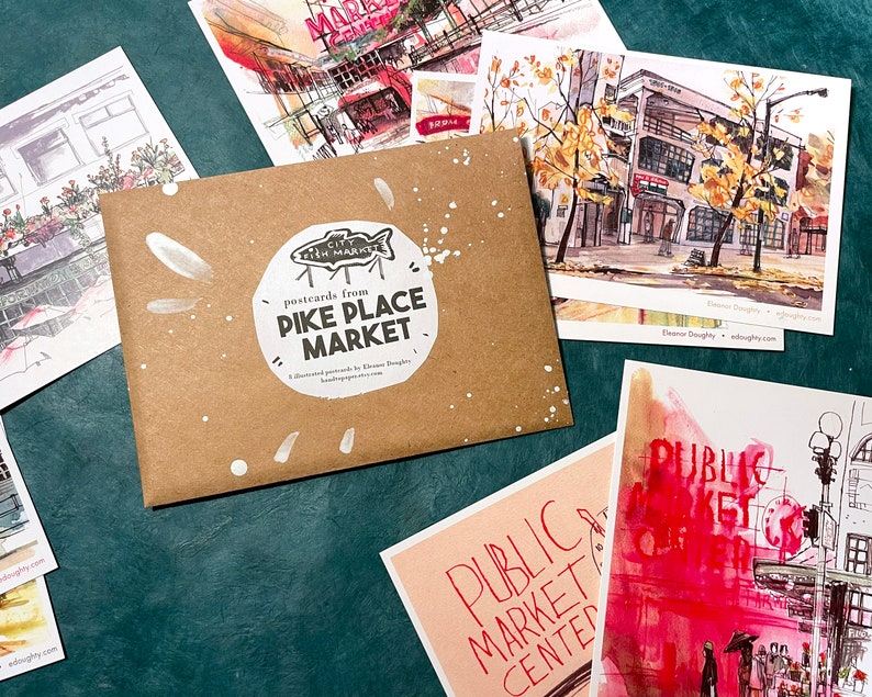 POSTCARDS from PIKE PLACE set of eight 8 assorted 4x6 illustrated seattle market cards image 1