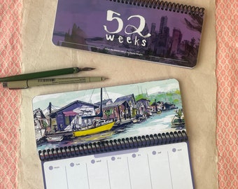 52 WEEKS seven day planner | flexible dates | travel illustrations | 9 x 3.5" horizontal orientation