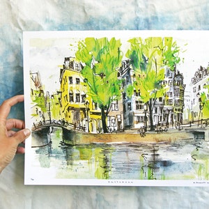 AMSTERDAM, SINGEL | Niederlande Stadtlandschaft Reisen Aquarell Illustration | Digitaldruck | 11 x 14" | 28 x 35 cm