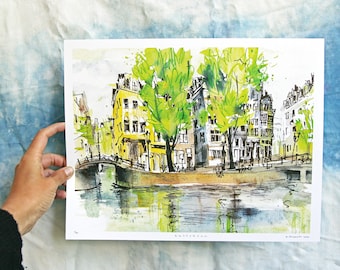 AMSTERDAM, SINGEL | Netherlands Cityscape Travel Watercolor Illustration | Digital Print | 11x14" | 28 x 35 cm