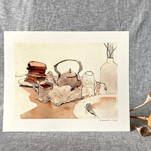 SUNDAY MORNING | breakfast themed still life | ink + watercolor | digital print 9x12”
