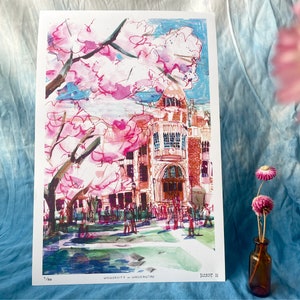 UNIVERSITY OF WASHINGTON | Cherry Blossoms on the U Dub Quad, Seattle | Watercolor Illustration | Digital Print | 12 x 18&quot;