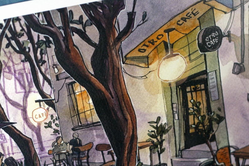 TWILIGHT CAFÉ mexico city urban sketch cdmx watercolor illustration digital print 12x9 image 3