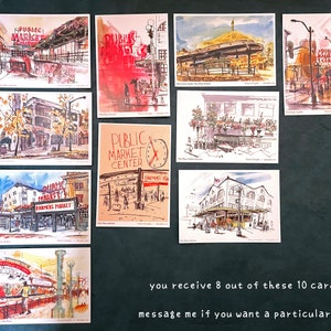 POSTCARDS from PIKE PLACE set of eight 8 assorted 4x6 illustrated seattle market cards image 2