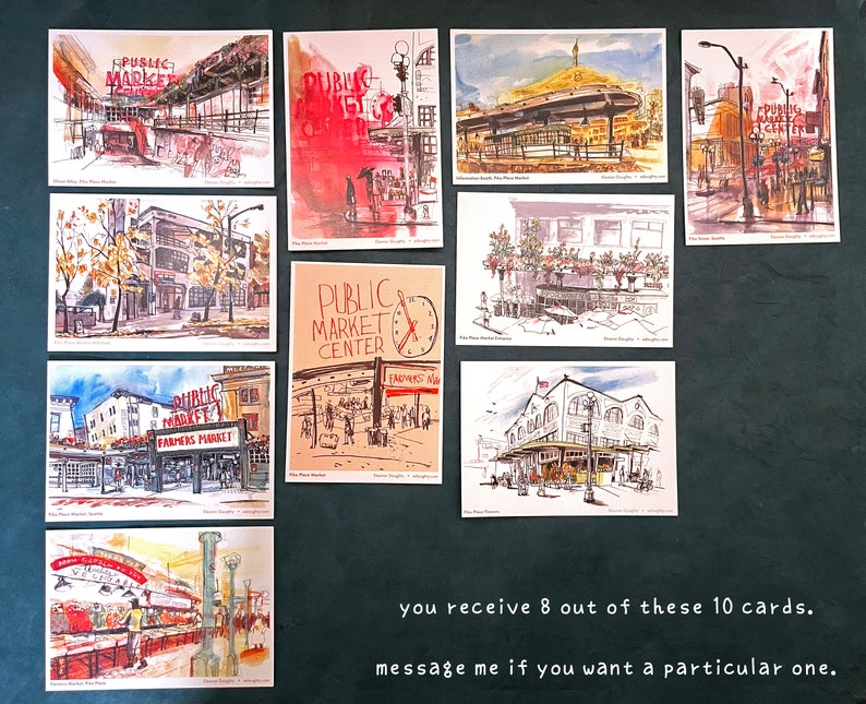 POSTCARDS from PIKE PLACE set of eight 8 assorted 4x6 illustrated seattle market cards image 2