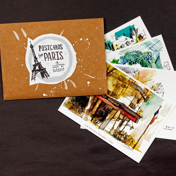 CARTES POSTALES DE PARIS | lot de 8 cartes postales illustrées | France voyage | 10 cm x 15 cm (4 po. x 6 po.)