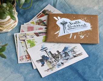 SEATTLE POSTCARDS | Set of Eight (8) Assorted 4x6" Illustrated Pacific Northwest Cityscape Cards