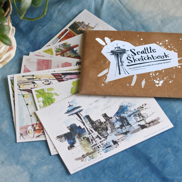 SEATTLE POSTCARDS | Set of Eight (8) Assorted 4x6" Illustrated Pacific Northwest Cityscape Cards