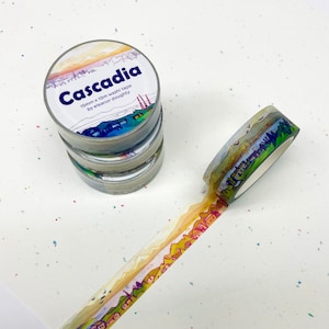 CASCADIA WASHI TAPE / cinta ecológica ilustrada / 15 mm de ancho x 10 metros de largo / paisaje arco iris del noroeste pacífico!