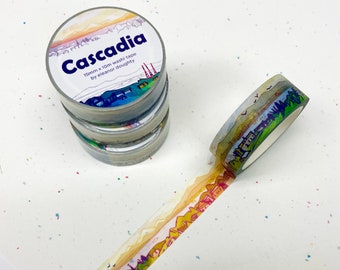 CASCADIA WASHI TAPE | illustriertes umweltfreundliches Klebeband | 15mm breit x 10 Meter lang | pazifische nordwestliche Regenbogenlandschaft!