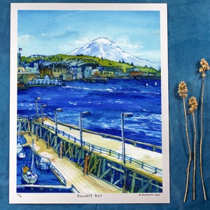 ELLIOTT BAY | mt. rainier puget sound view | seattle, washington watercolor art print | 11x14 or 9x12