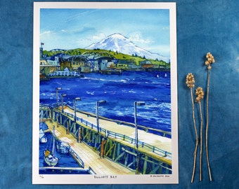 ELLIOTT BAY | mt. rainier puget sound view | seattle, washington watercolor art print | 11x14 or 9x12