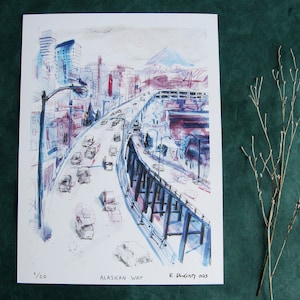 Goodbye Alaskan Way Viaduct | Seattle, WA watercolor Illustration print | 12x18"