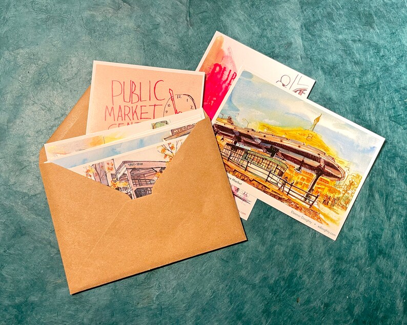 POSTCARDS from PIKE PLACE set of eight 8 assorted 4x6 illustrated seattle market cards image 3