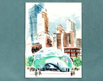 THE BEAN | Chicago Cloud Gate Original Painting | 8 x 11 in | 20x28 cm