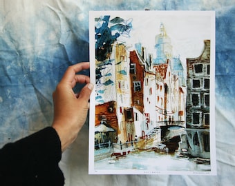 AMSTERDAM, ZEEDIJK | Netherlands Travel Mixed Media Illustration | Digital Print | 9x12 or 8x11"