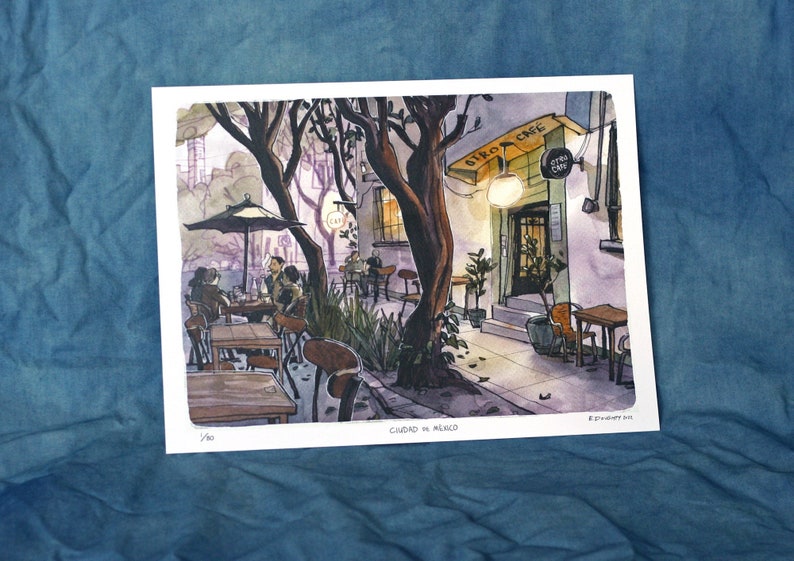 TWILIGHT CAFÉ mexico city urban sketch cdmx watercolor illustration digital print 12x9 image 1