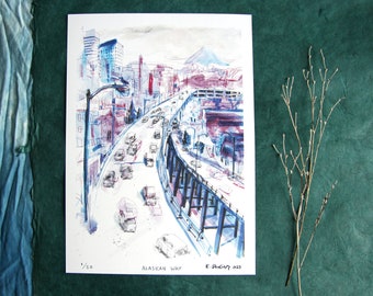 Goodbye Alaskan Way Viaduct | Seattle, WA watercolor Illustration print | 12x9" art for standard sized frames and mats