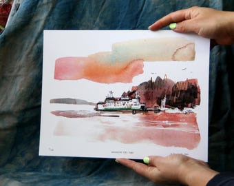 WASHINGTON STATE FERRY | west seattle watercolor | puget sound landscape | digital print | 12 x 9" for easy framing