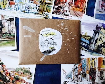 BRIEFKAARTEN UIT LISSABON | set van 8 geïllustreerde ansichtkaarten | Portugal reisminikunstafdruk | geen generatie