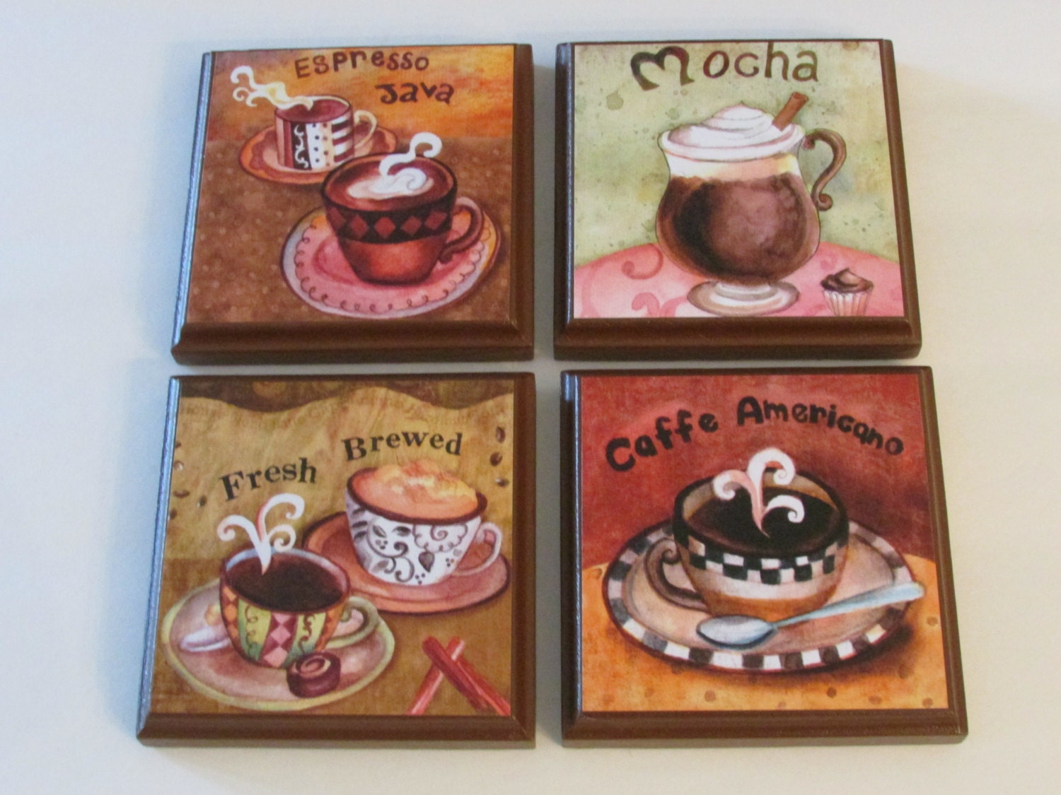 Coffee Kitchen Room Wall Plaques Brown Frame Set of 4 Etsy