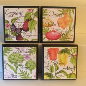 Veggie Themed Kitchen Wall Plaques - Set of 4 Veggies Room Decor - Eggplant Onion Pepper Artichoke Room Decor