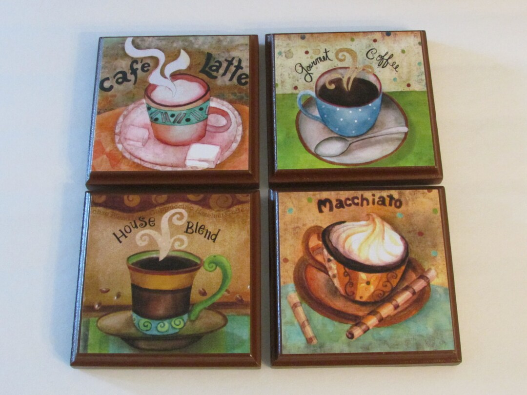 Coffee Kitchen Room Wall Plaques Brown Frame Set of 4 Colorful Coffee