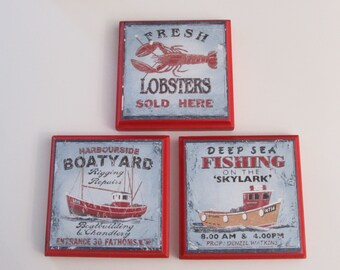 Beach House Decor Room Wall Plaques - Fisherman Boat Lobster Decor - Set of 3 Beach House Kitchen Room Decor