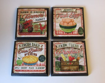 Country Farm House Kitchen Room Wall Plaques - Set #1 - Farm Country Kitchen Room Decor - Farm Country Room Signs Farmers Market Decor