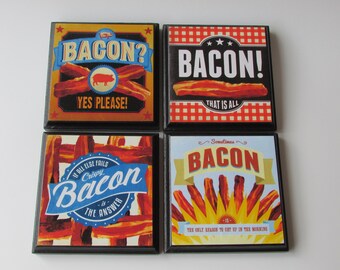 Bacon Retro Kitchen Diner Cafe Room Wall Decor Plaques - Set of 4 Bacon Kitchen Room Decor - Bacon Diner Wall Signs - Retro Cafe Wall Decor
