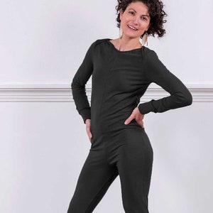 MoonEaze™ Sustainable Soy French Terry Black Onesie Women, Adult Romper, Butt Flap Pajamas
