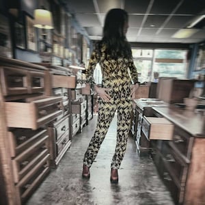 Pre-loved Handmade Yellow and Black Zig Zag 70s Styled Stretchy Jumpsuit