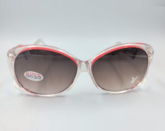 Playboy Sunglasses, Vintage 80s Oversized Butterfly, Clear Frame with Red Trim, Brown Gradient Lens, Appears Unworn