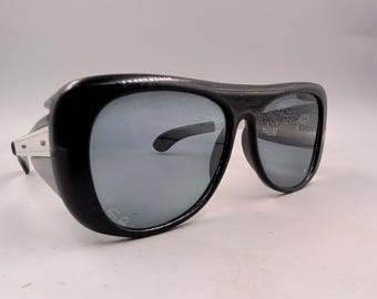 Fisherman Sunglasses with Side Shields, Vintage Japan Glacier Shades, Black Frame, Angler Gift