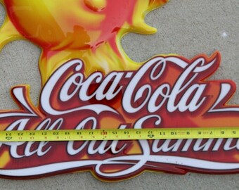 Vintage 1990s Coca-Cola All Out Summer Retail Display Sign Sun Drinking Coke ~28x25