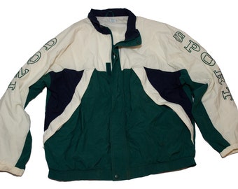 Vintage 1990s Izod Sport Green White Blue Color Block Spell Out
