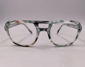 Grey Tortoise Eyeglass Frames, Thick 1970s Horn Rim, Double Bridge, Marbled Teal Plastic, Unisex