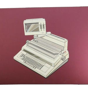 May include: Illustration of a vintage computer terminal with a keyboard, screen, and printer components. The device is white with a dark red background. The design is a retro style.