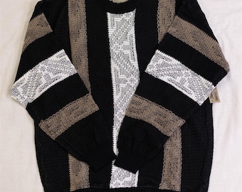 Cosby Knit Sweater Le Tigre Vintage Black White Gray Stripe Men's Large Acrylic