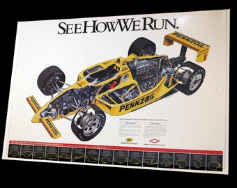 Pennzoil Indy 500 Race Car Chevrolet 1988 Cutaway Diagram Poster ~37.5 x 25"