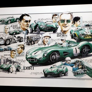 May include: A vintage-style print featuring illustrations of classic race cars and portraits of racing figures. The artwork showcases green race cars, portraits, and technical drawings, with text labels identifying drivers and car models.