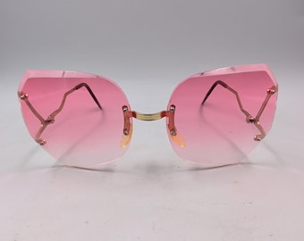 Rimless Pink Sunglasses, 1970s Oversized Rose Gradient, Gold Frame, Disco Boho Festival Glasses