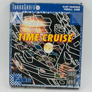 May include: A vintage TurboGrafx 16 Time Cruise pinball game box. The box features a black background with a colorful space-themed design, including a moon, planets, and the game's title in yellow and red. The box also displays the TurboGrafx logo.