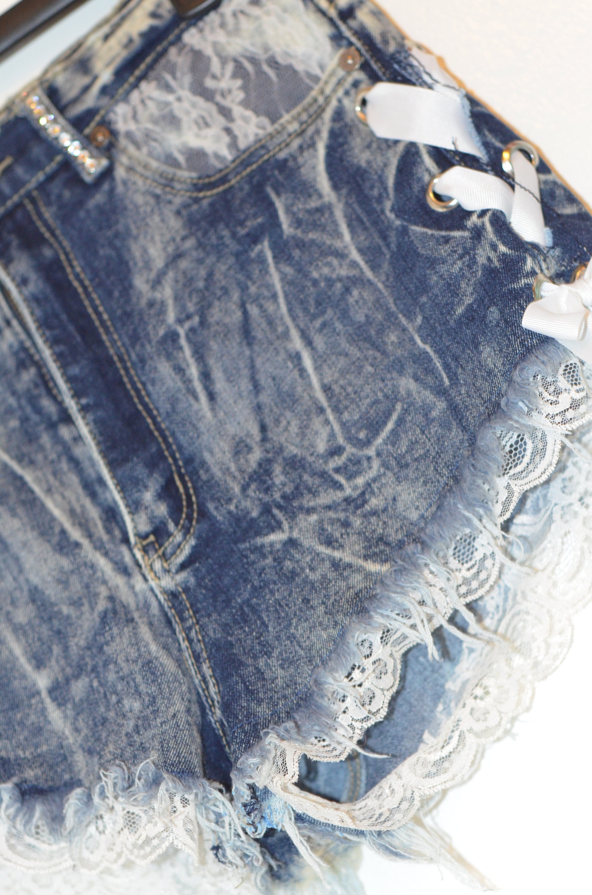 Daisy Dukes High Wasted Washed Jeans Shredded Laced Swarovski | Etsy