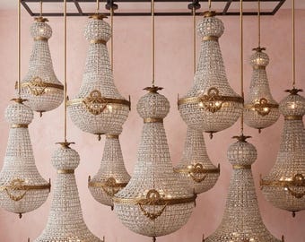 French Antique Empire Wreath Crystal Brass Metal Pendant Chandelier