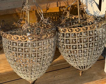 French Antique Open Basket Crystal Brass Metal Pendant Chandelier