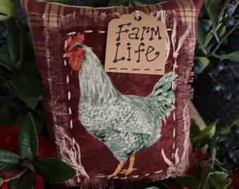Primitive “FARM LIFE” Hen Chicken Pillow Tuck, Bowl Filler