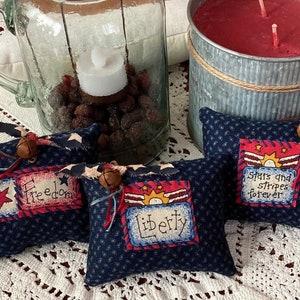 Primitive Set of 3 “Freedom, Liberty, Stars & Stripes” Americana Pillow Tuck, Ornie, Bowl Filler, Hand Stitching